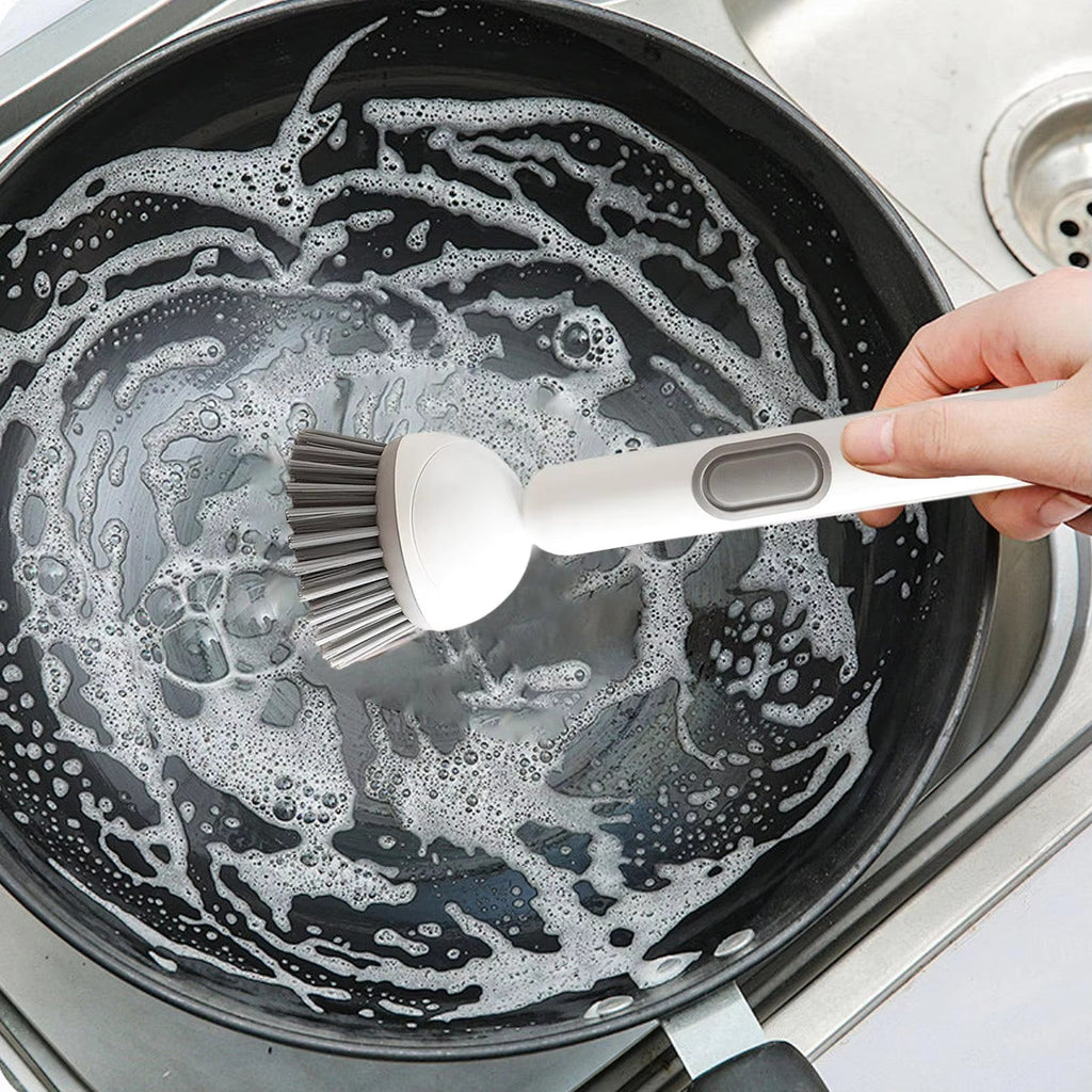 Long Handle Dish Brush with Soap Dispenser and Rotating Scrubber Head