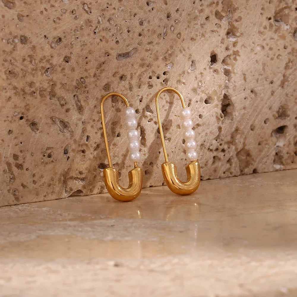 Siopsrl| 18k Pearl Accented Safety Pin Earrings