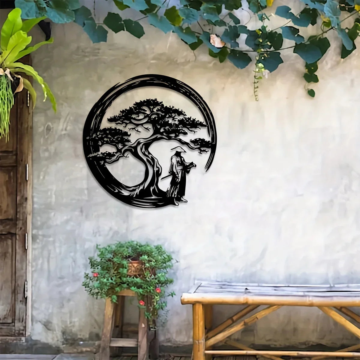 Siopsrl| ZENORA Metal Wall Decor Bonsai | Japanese Design with Torii & Enso | 40 × 40 cm