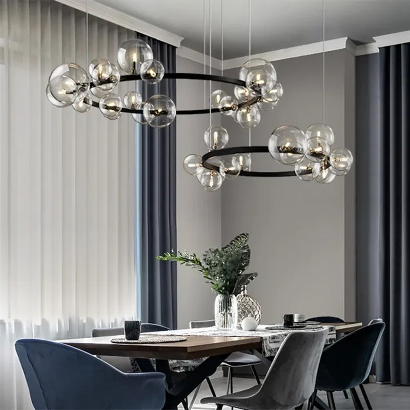 Siopsrl| Modern Creative Metal Chandelier Lighting: 7/10 Clear Glass Bubbles, Long Round Design with G9 Light Fixture