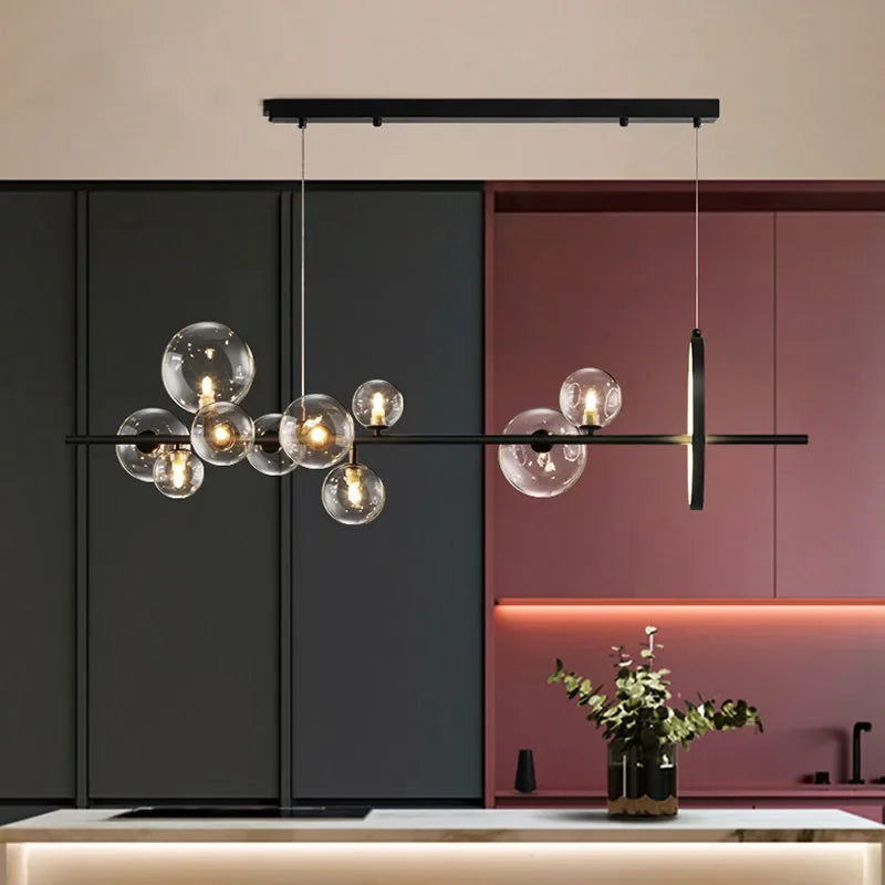 Siopsrl| Modern Creative Metal Chandelier Lighting: 7/10 Clear Glass Bubbles, Long Round Design with G9 Light Fixture