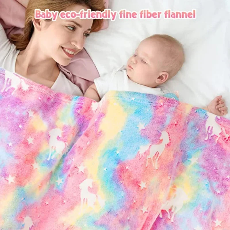Siopsrl| StellaLumi | Glowing Unicorn Blanket | Cozy & Magical | Glow-in-the-Dark Stars & Hearts | Gift for Kids & Adults