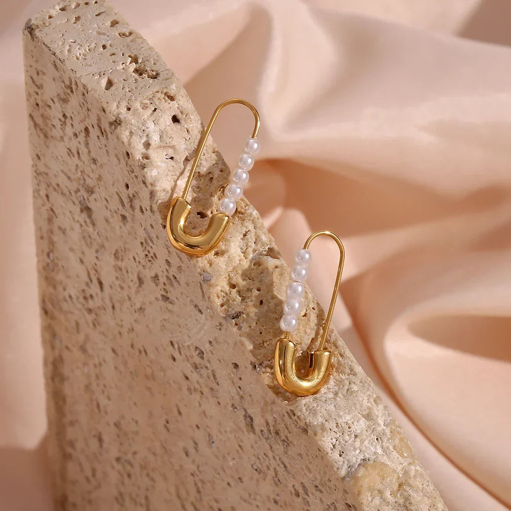 Siopsrl| 18k Pearl Accented Safety Pin Earrings
