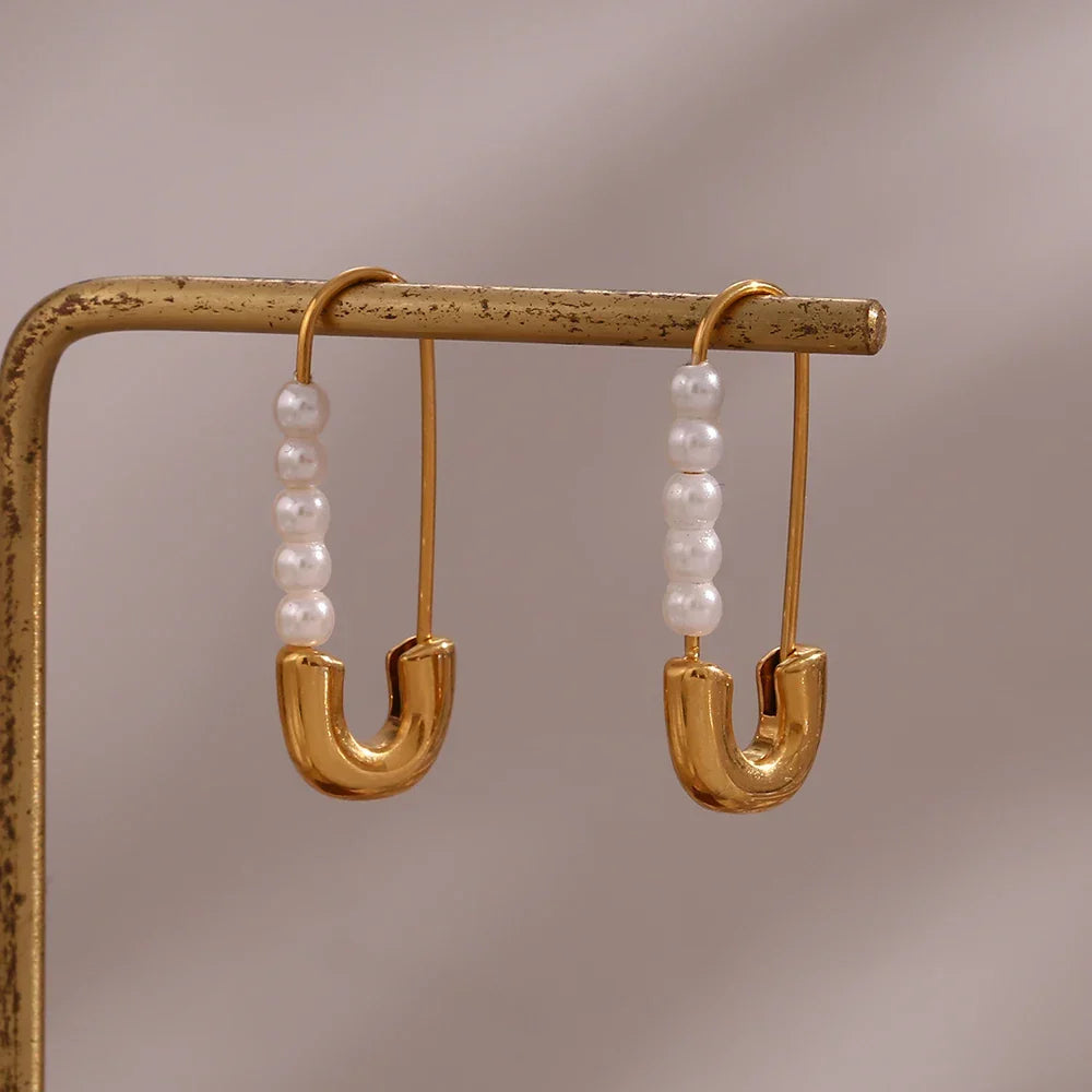 Siopsrl| 18k Pearl Accented Safety Pin Earrings