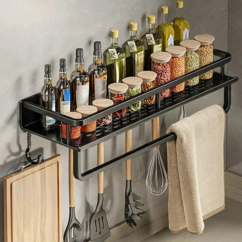 Siopsrl| Black Wall-Mounted Kitchen Rack – Spice Shelf with Utensil Hook Bar
