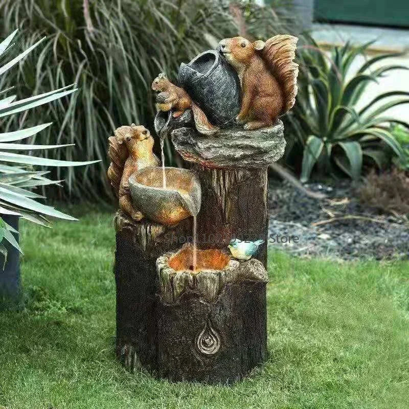 siopsrl | Lunaverde Solar Deco Fountain Duck & Squirrel | Garden Figure with LED Light | Weatherproof Resin | For Terrace & Balcony