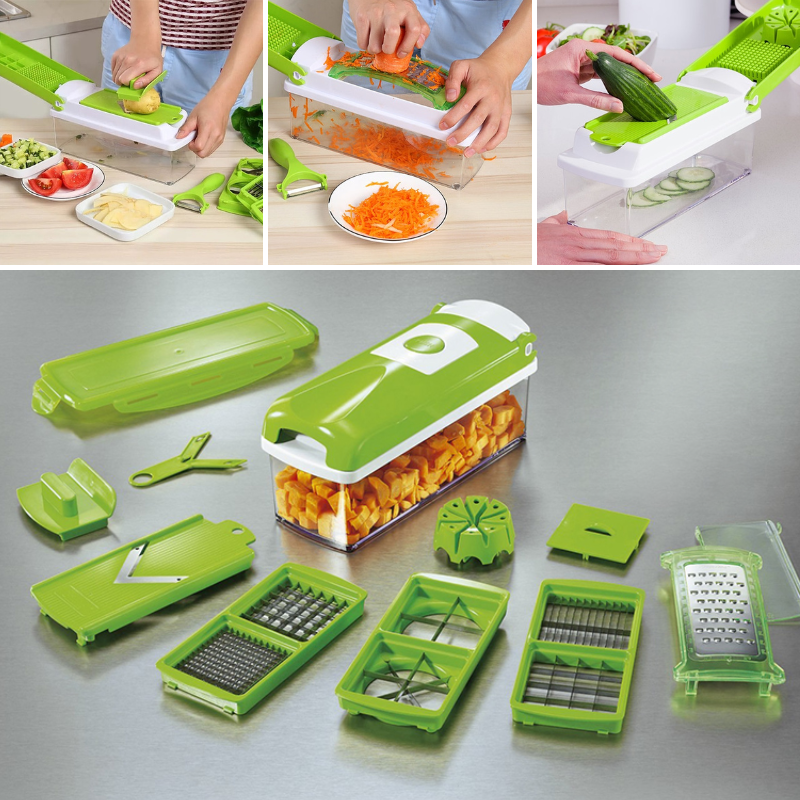 Siopsrl| CutMate Multifunctional Vegetable Cutter 12-in-1 | With Collection Container & Finger Guard | Stainless Steel Blades | Compact & Safe