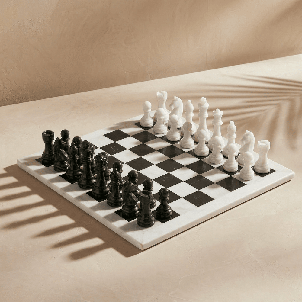 Marble Chess Set with Storage Case - White and Black