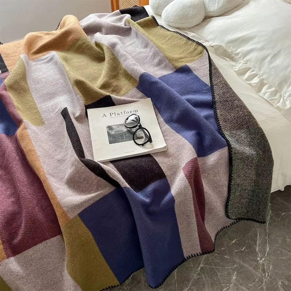 Siopsrl| Warm Knit Colorblock Plaid Blanket