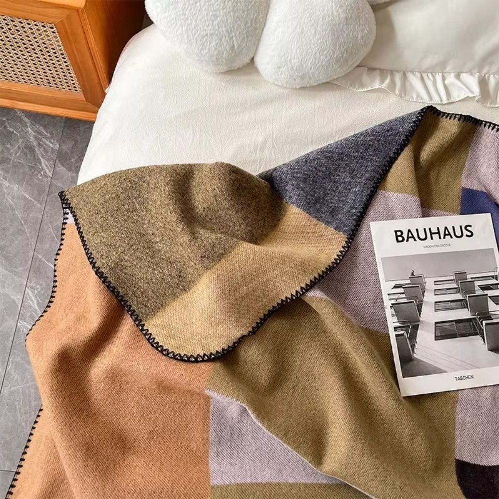 Siopsrl| Warm Knit Colorblock Plaid Blanket