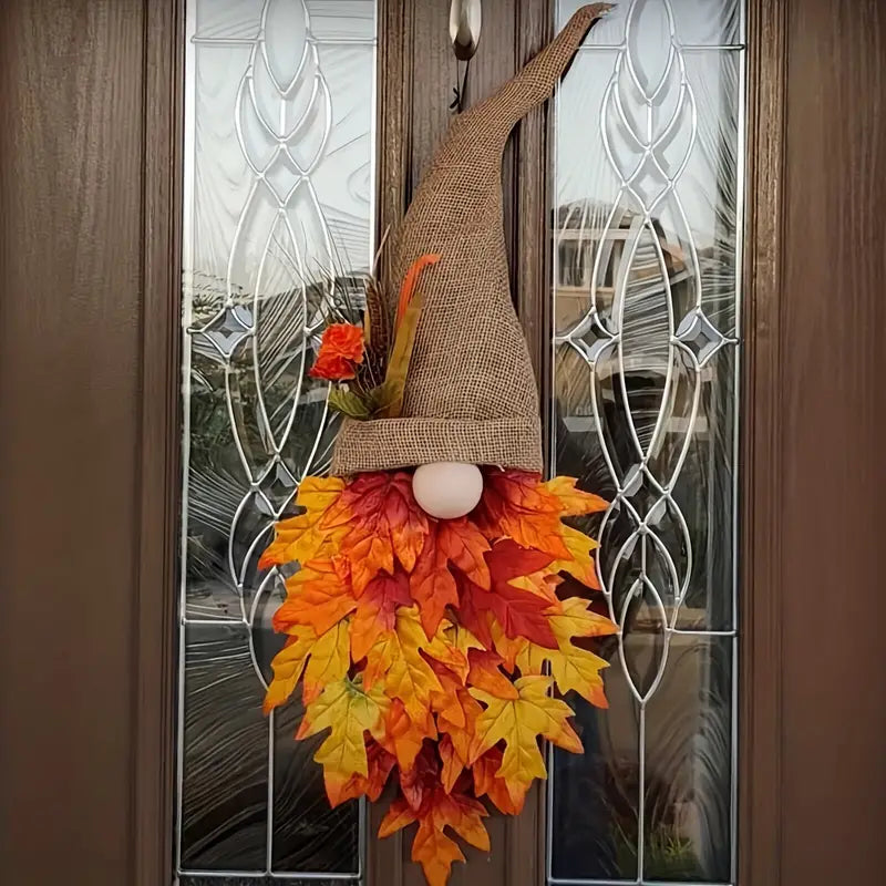 Siopsrl| Halloween Front Door Wreath | Fall Gnome & Maple Leaf Design | 16-Inch Rustic Decor