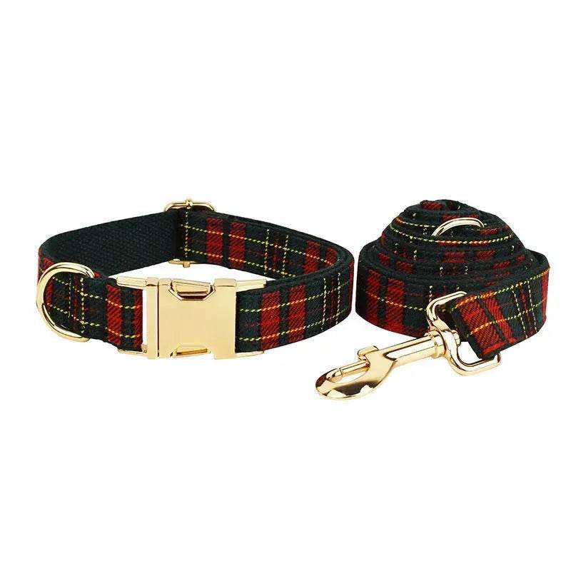 Siopsrl| Christmas Pet Collar Plaid With Green Background Dog Rope Leash Suit