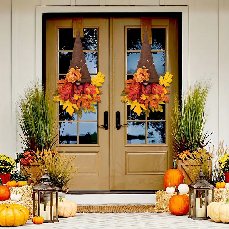 Siopsrl| Halloween Front Door Wreath | Fall Gnome & Maple Leaf Design | 16-Inch Rustic Decor