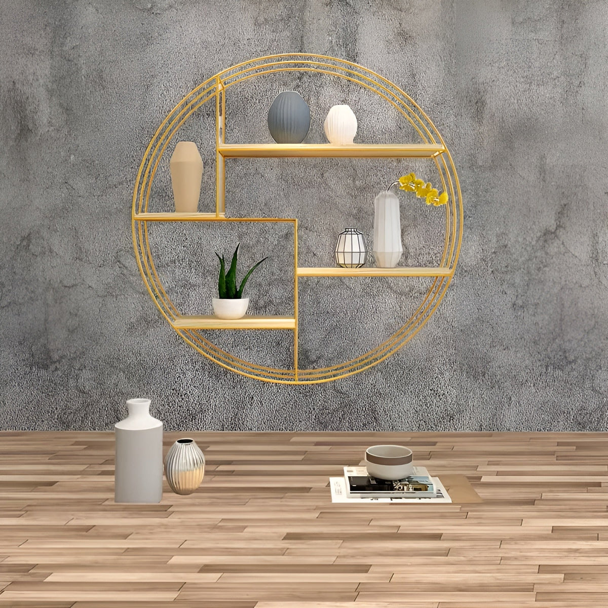 Round Wall Shelf with 4 Levels – Retro Design made of Wood & Metal | Decorative Hanging Shelf for Living Room, Bathroom & Bedroom | Siopsrl