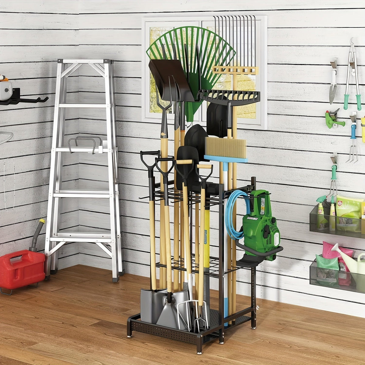 Siopsrl| Heavy-Duty Black Metal Garden Rack – Durable Outdoor Tool & Hose Storage Organiser
