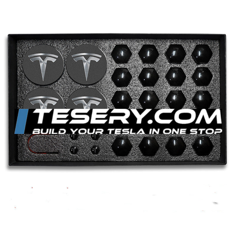 Wheel Center Cap Kit with Puller for Model 3/Y/S/X | 4 Hub Caps + 20 Lug Nut Covers
