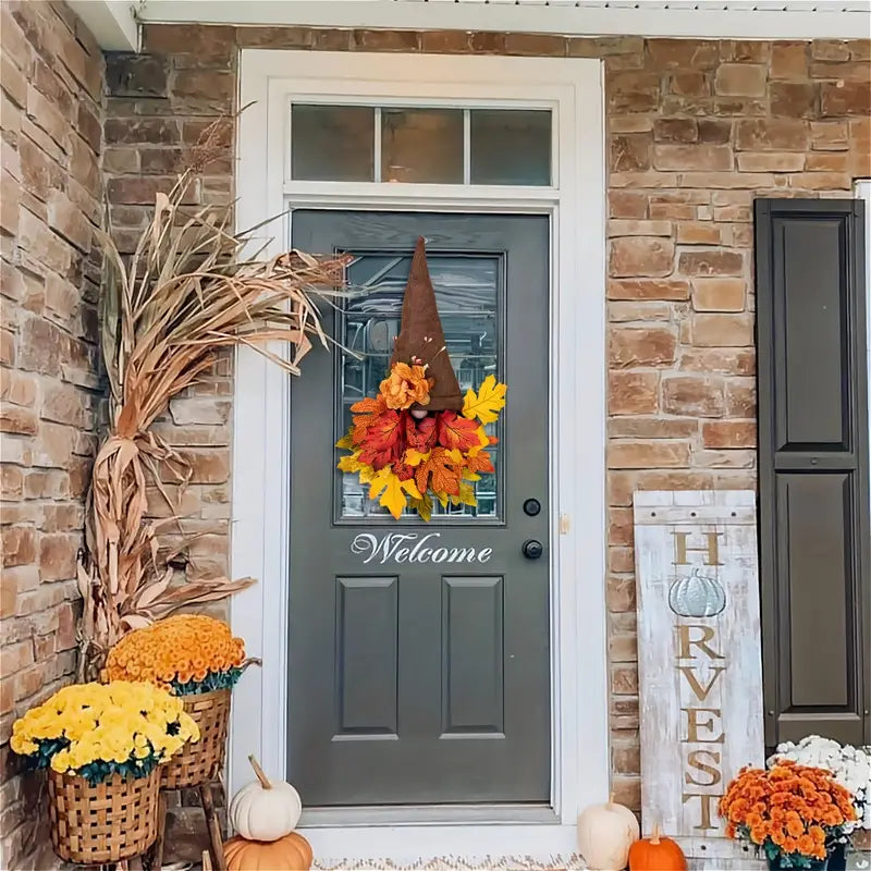 Siopsrl| Halloween Front Door Wreath | Fall Gnome & Maple Leaf Design | 16-Inch Rustic Decor