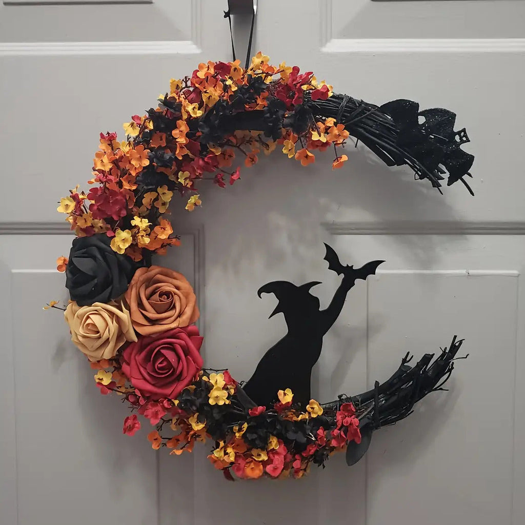 Siopsrl| Halloween Rustic Witch Floral Wreath | Crescent Moon Door Decor