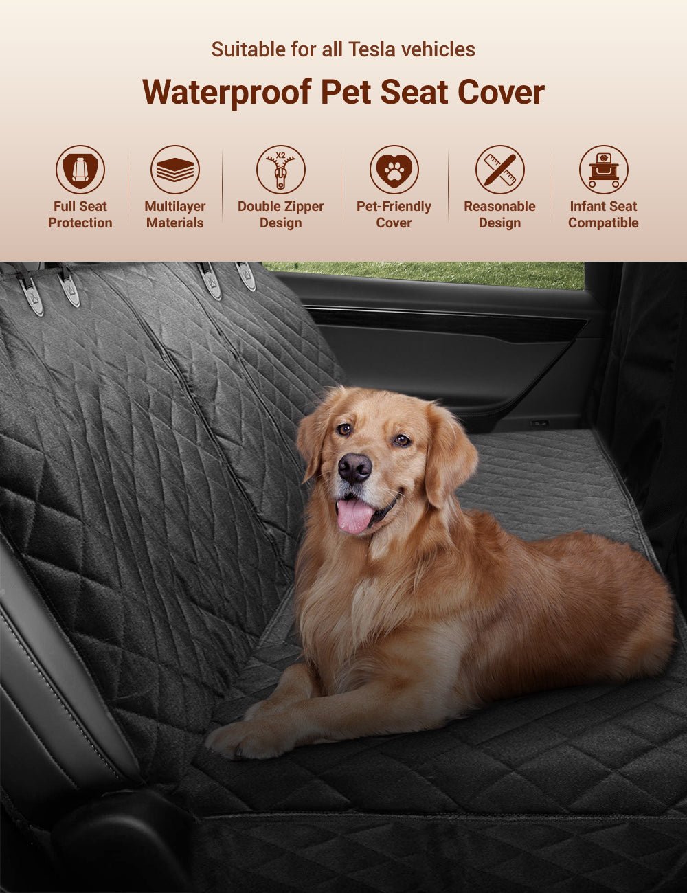 Dog Seat Cover With Double Zipper for Model 3/Y/S/X/Cybertruck