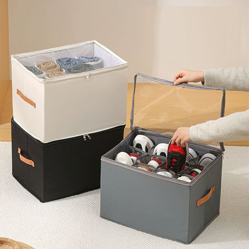 Collapsible Shoe Organizer Box with Transparent Lid and Dividers