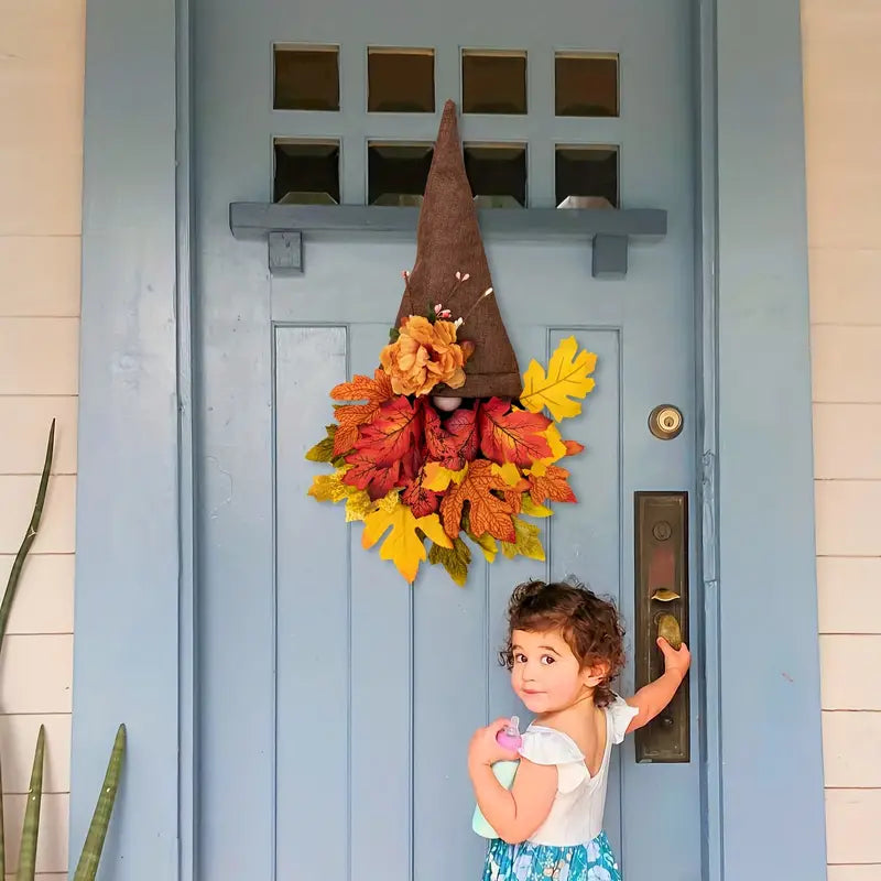 Siopsrl| Halloween Front Door Wreath | Fall Gnome & Maple Leaf Design | 16-Inch Rustic Decor
