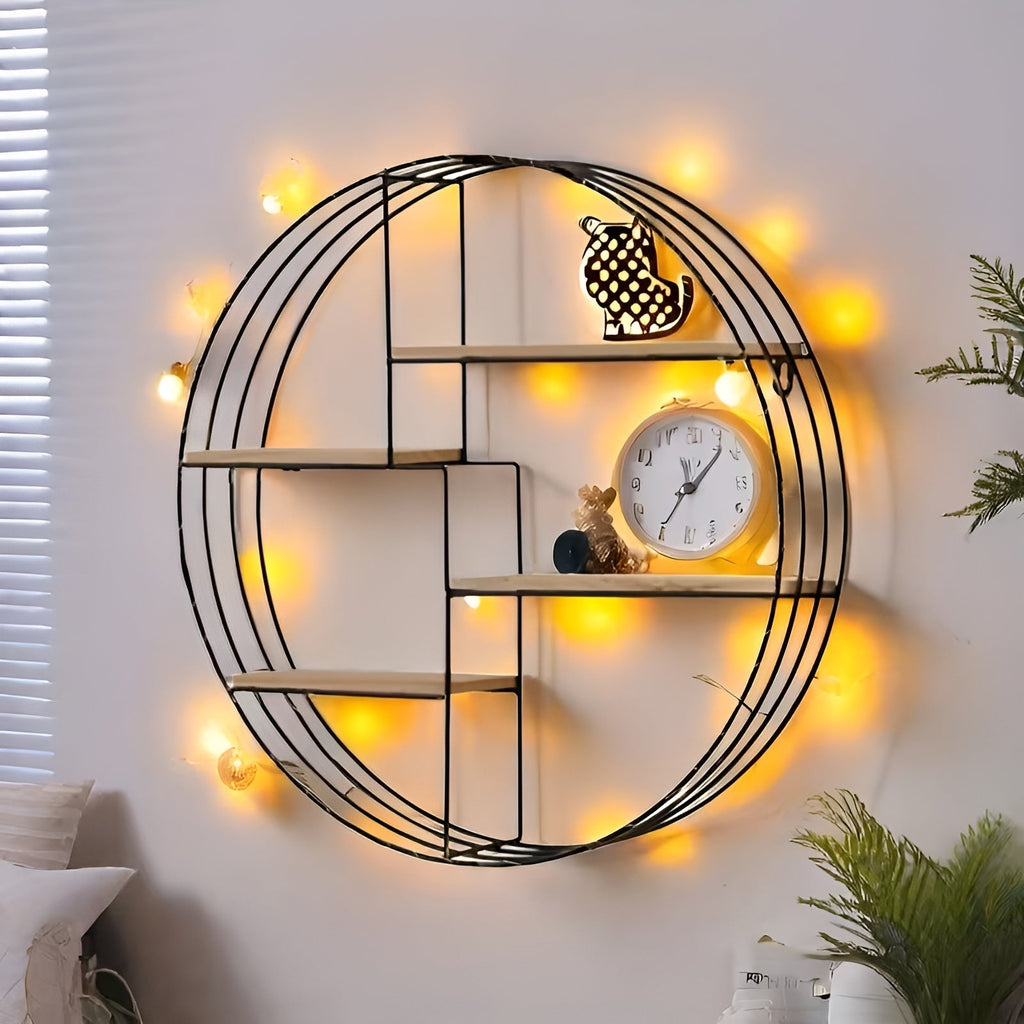 Round Wall Shelf with 4 Levels – Retro Design made of Wood & Metal | Decorative Hanging Shelf for Living Room, Bathroom & Bedroom | Siopsrl