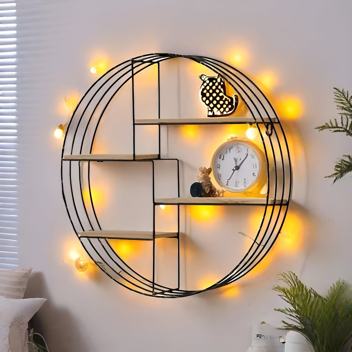 Round Wall Shelf with 4 Levels – Retro Design made of Wood & Metal | Decorative Hanging Shelf for Living Room, Bathroom & Bedroom | Siopsrl
