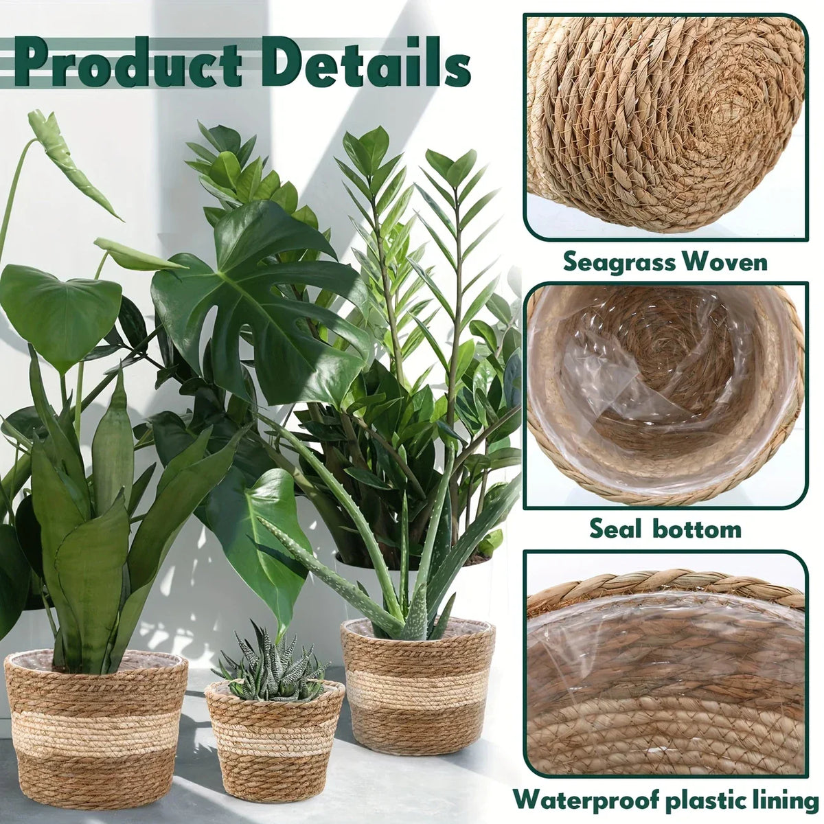 Siopsrl| Decorative plant baskets made of seagrass in a set of 3 – Handwoven flower pots with foil insert