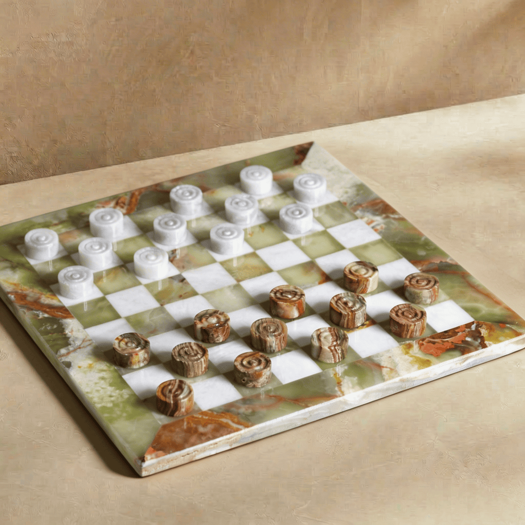 Marble Checkers Set with Storage Case - Onyx and White