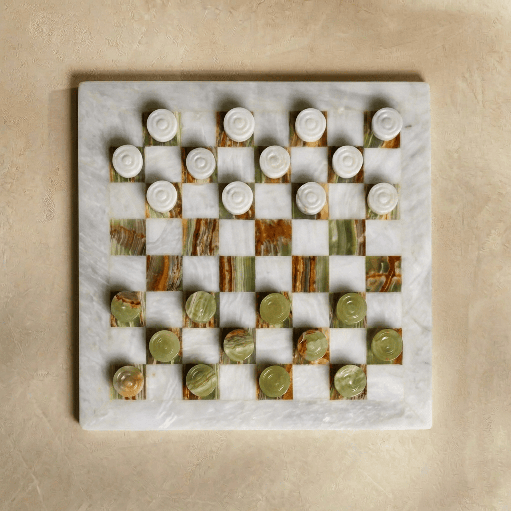 Marble Checkers Set with Storage Case - White and Onyx