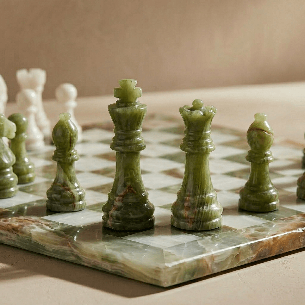 Marble Chess Set with Storage Case - Green Onyx and White
