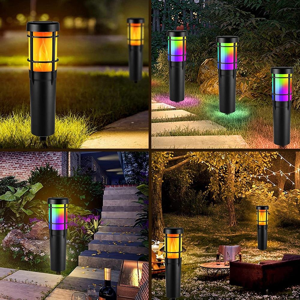 Siopsrl| Solar Path Lights for Outdoor Use, with Flickering Flame and RGB Color Changing, LED Solar Outdoor Lights for Yard, Garden, Path, Lawn - IP65 Waterproof