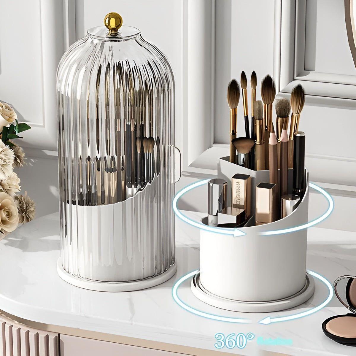 Siopsrl| Beauty SpinMate – 360° Rotating Makeup Brush Holder & Cosmetic Organiser with Dustproof Lid