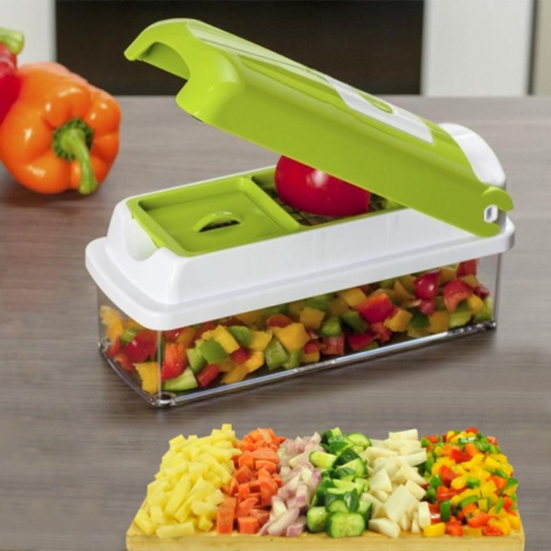 Siopsrl| CutMate Multifunctional Vegetable Cutter 12-in-1 | With Collection Container & Finger Guard | Stainless Steel Blades | Compact & Safe