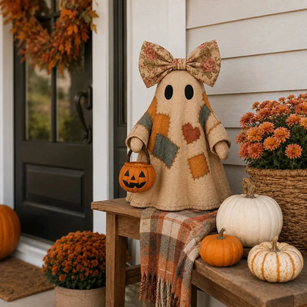 👻🎃 Vintage Patchwork Ghost Decor(✨ LED Pumpkin Lantern}