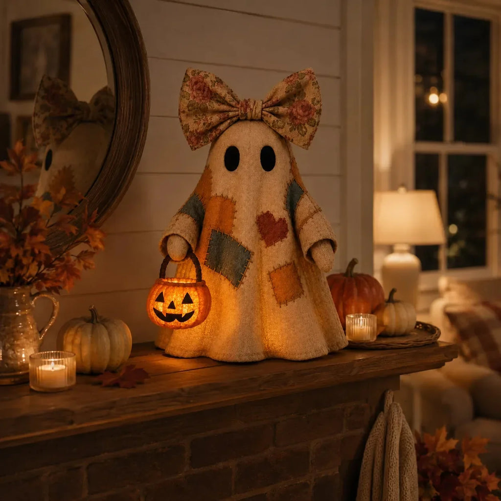 👻🎃 Vintage Patchwork Ghost Decor(✨ LED Pumpkin Lantern}