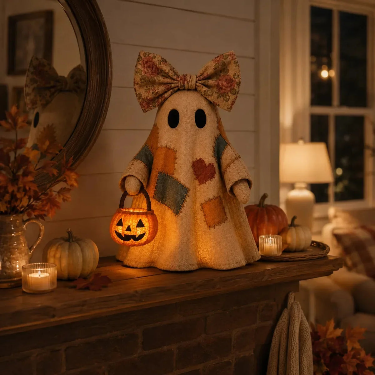 👻🎃 Vintage Patchwork Ghost Decor(✨ LED Pumpkin Lantern}