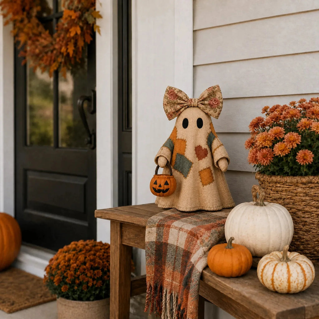 👻🎃 Vintage Patchwork Ghost Decor(✨ LED Pumpkin Lantern}