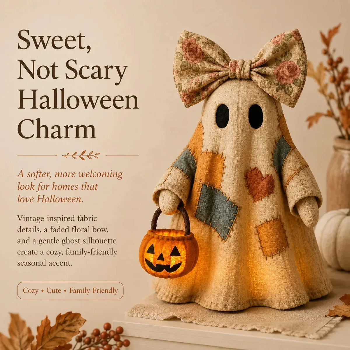 👻🎃 Vintage Patchwork Ghost Decor(✨ LED Pumpkin Lantern}