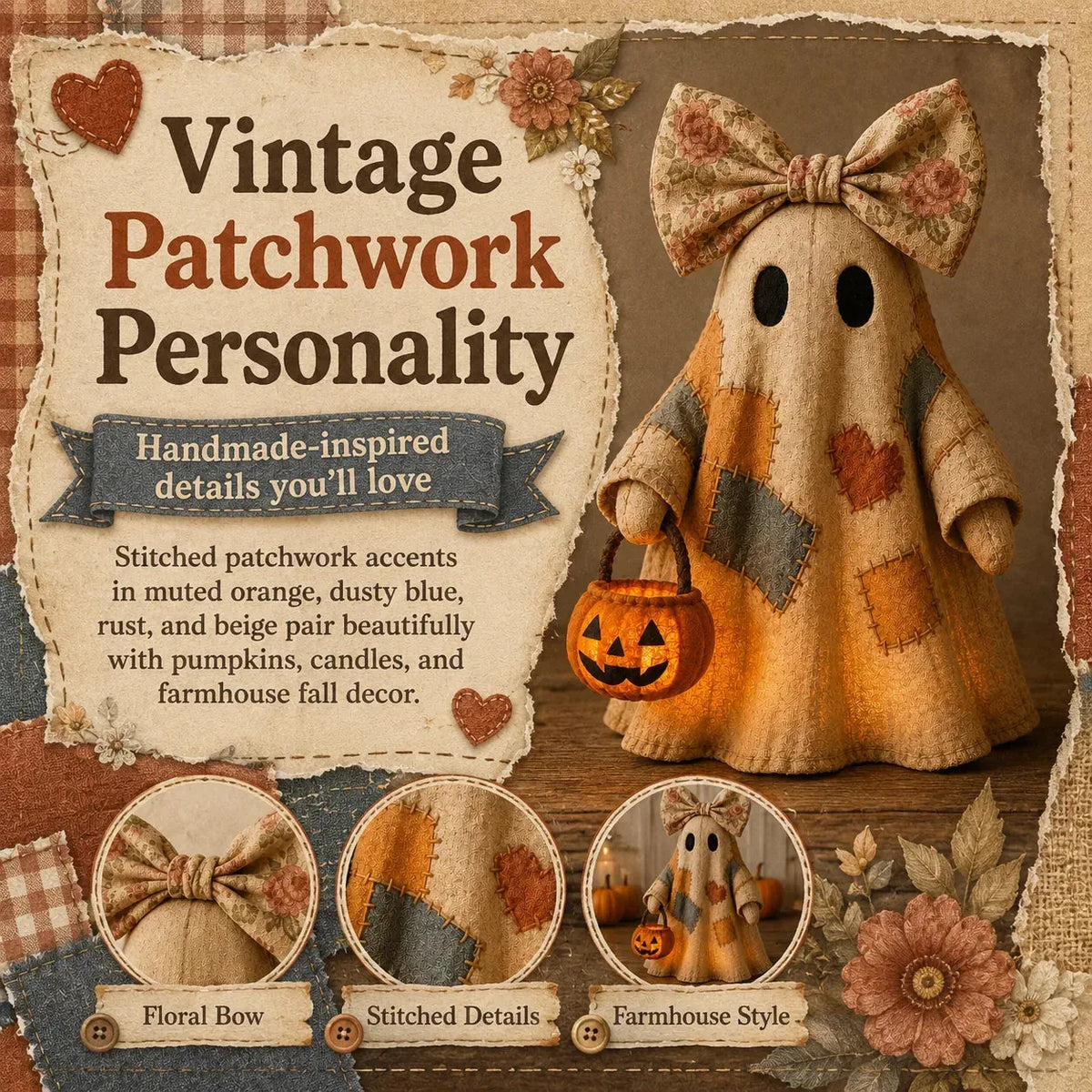 👻🎃 Vintage Patchwork Ghost Decor(✨ LED Pumpkin Lantern}