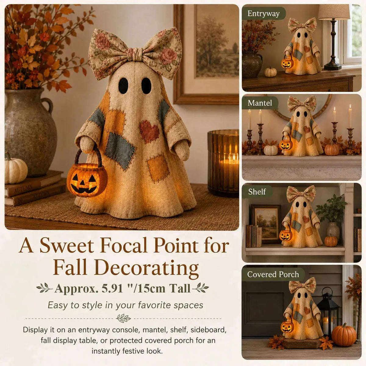 👻🎃 Vintage Patchwork Ghost Decor(✨ LED Pumpkin Lantern}