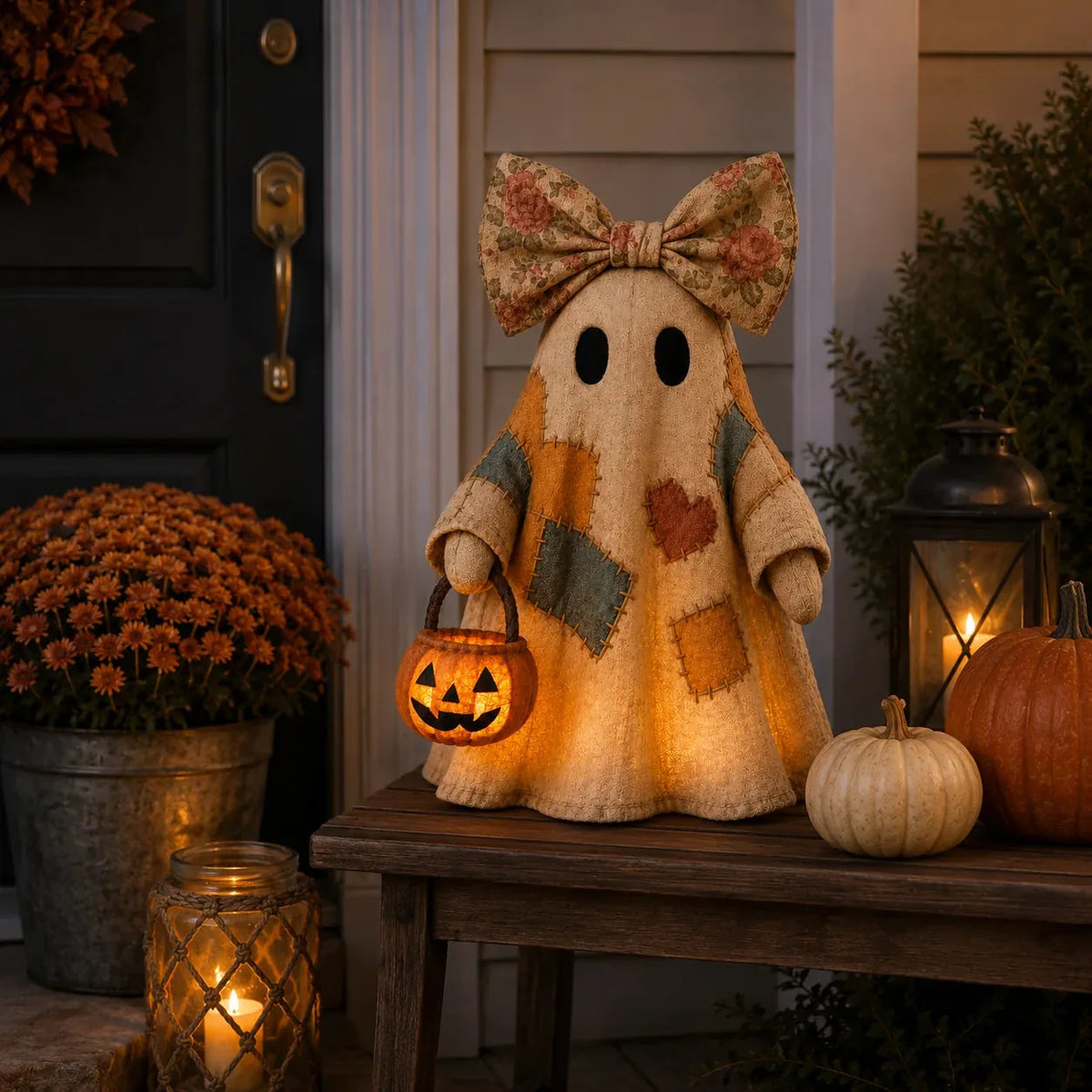 👻🎃 Vintage Patchwork Ghost Decor(✨ LED Pumpkin Lantern}