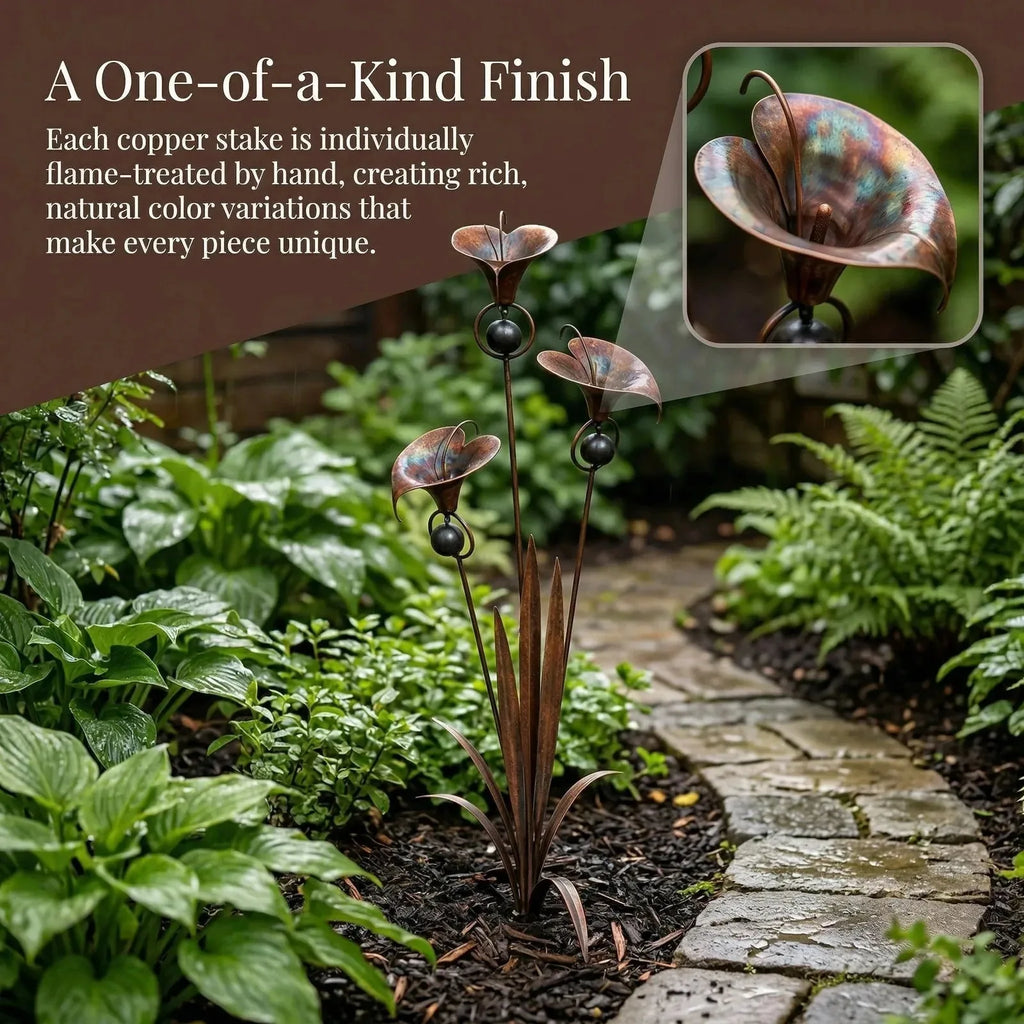Flamed Copper Three Calla Lilies Garden Stake with Bells