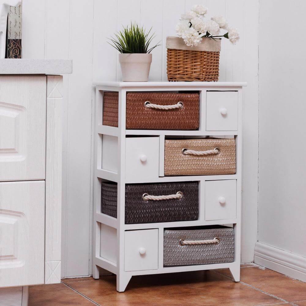 Siopsrl| Wooden 4 Drawer 4 Woven Basket Storage Cabinet
