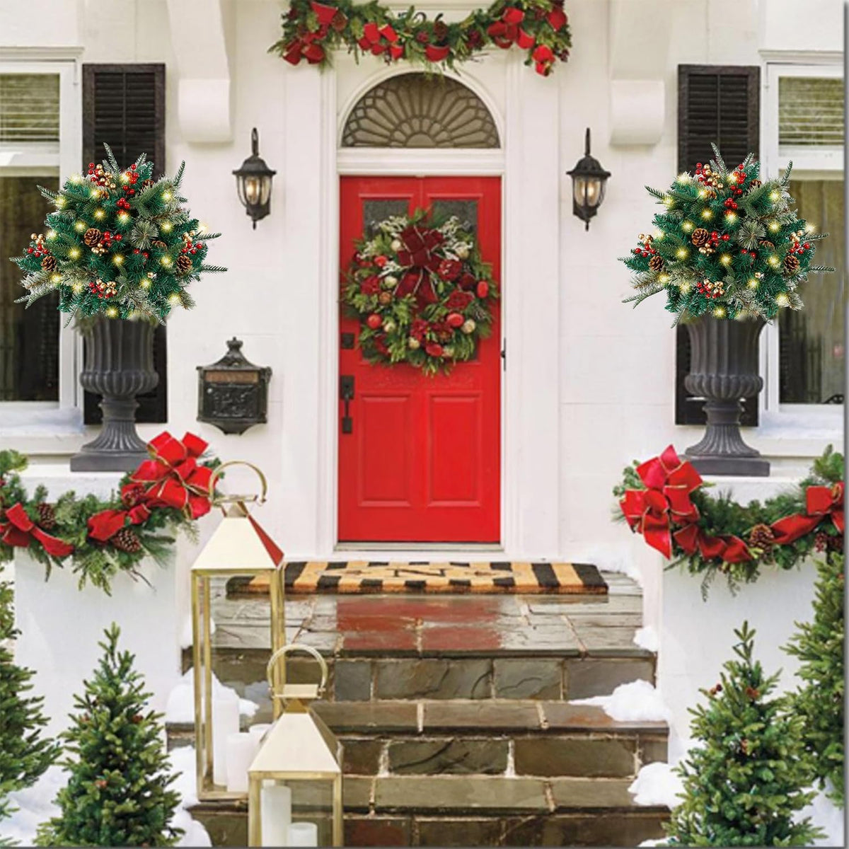 Christmas Urn Filler with LED Lights | 18" Realistic Pine Arrangement | Indoor/Outdoor Decor