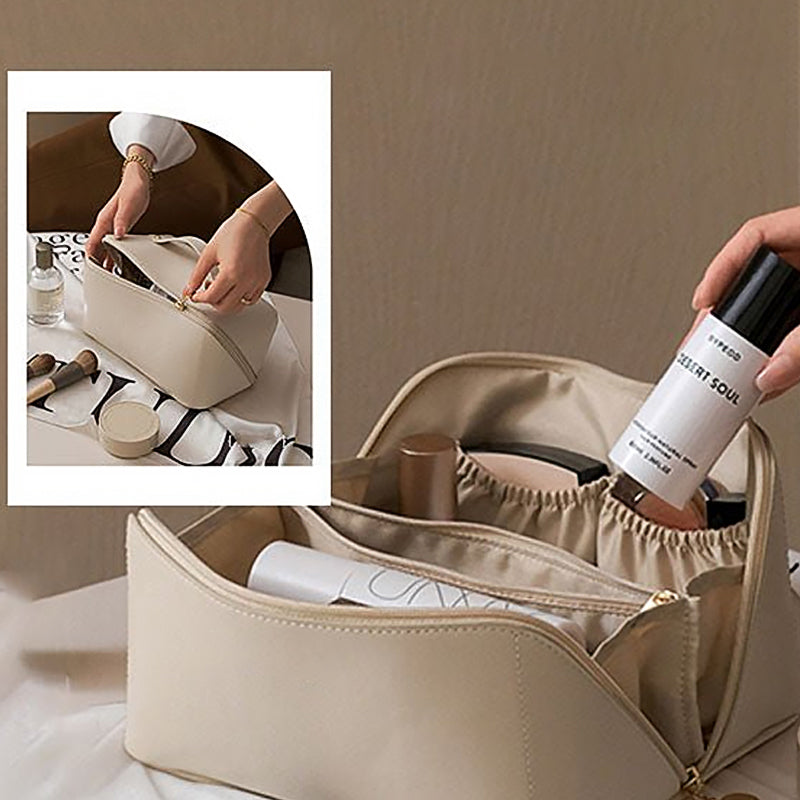 Large Travel Cosmetic Bag with Double-Layer Storage and Water-Resistant PU Leather