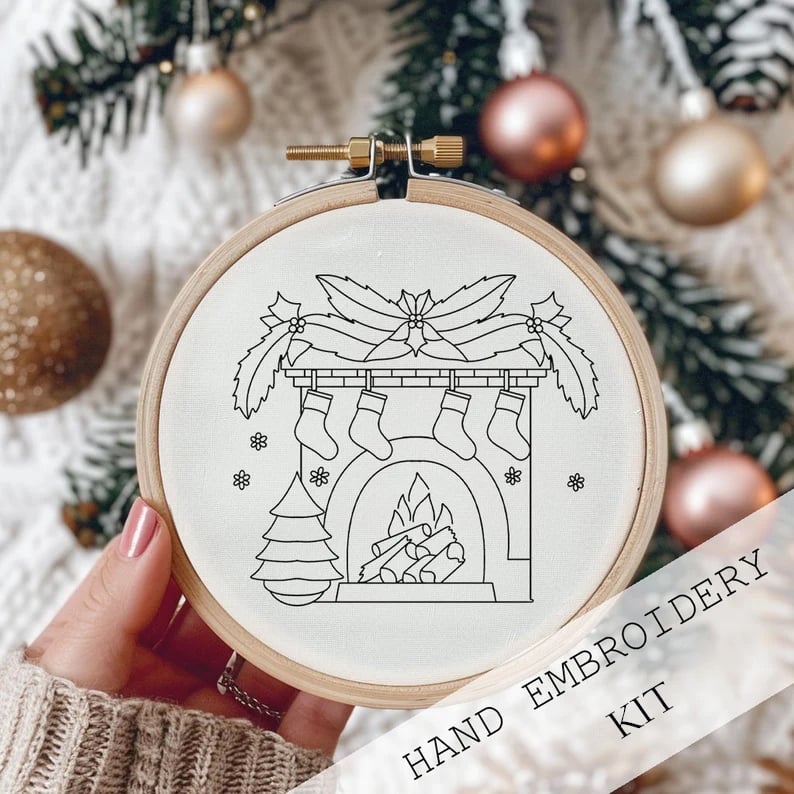 Christmas Embroidery Kit | Winter Snowy Village Pattern | Beginner Craft Set with Hoop & Threads