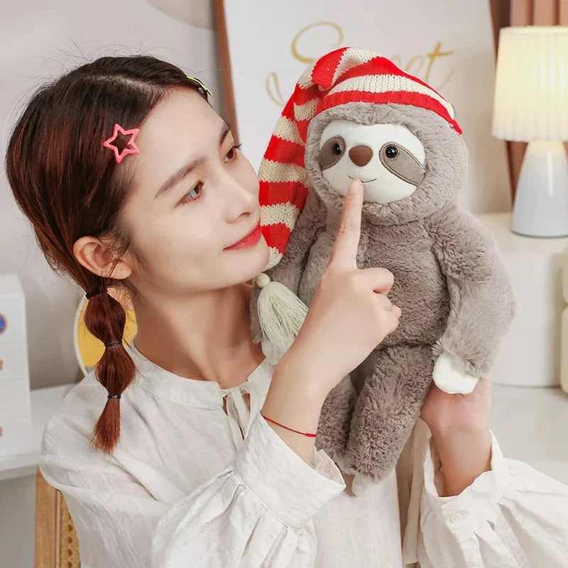 Kawaii Christmas Sloth Plush with Striped Hat