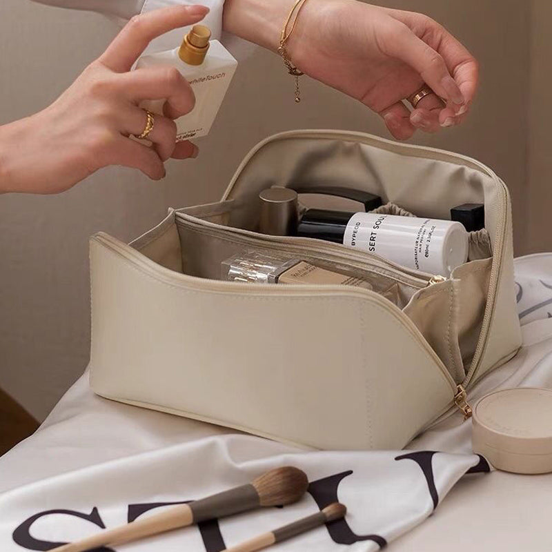 Large Travel Cosmetic Bag with Double-Layer Storage and Water-Resistant PU Leather