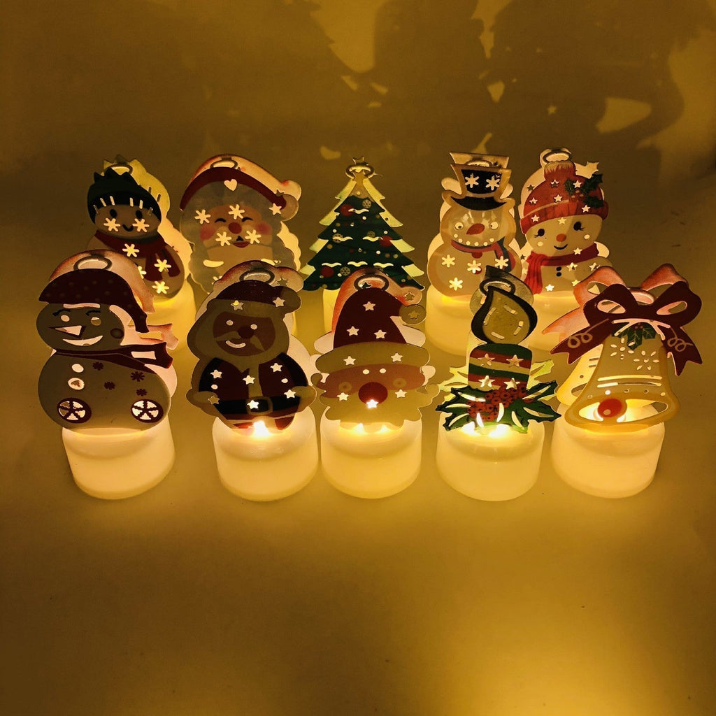 Electronic LED Christmas Candle Lamps - Set of 10 – Adorable Santa, Snowman & Tree Night Lights for Festive Home, Party, & Garden Décor